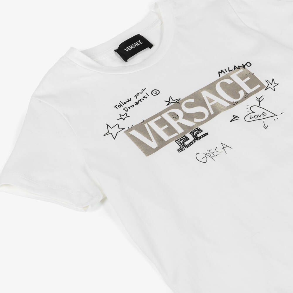 Versace-Boys White & Gold Foil Logo T-Shirt with Doodle Print | Childrensalon