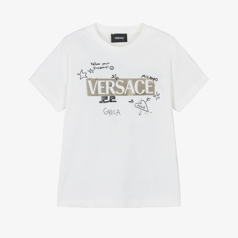 Versace-Boys White & Gold Foil Logo T-Shirt with Doodle Print | Childrensalon