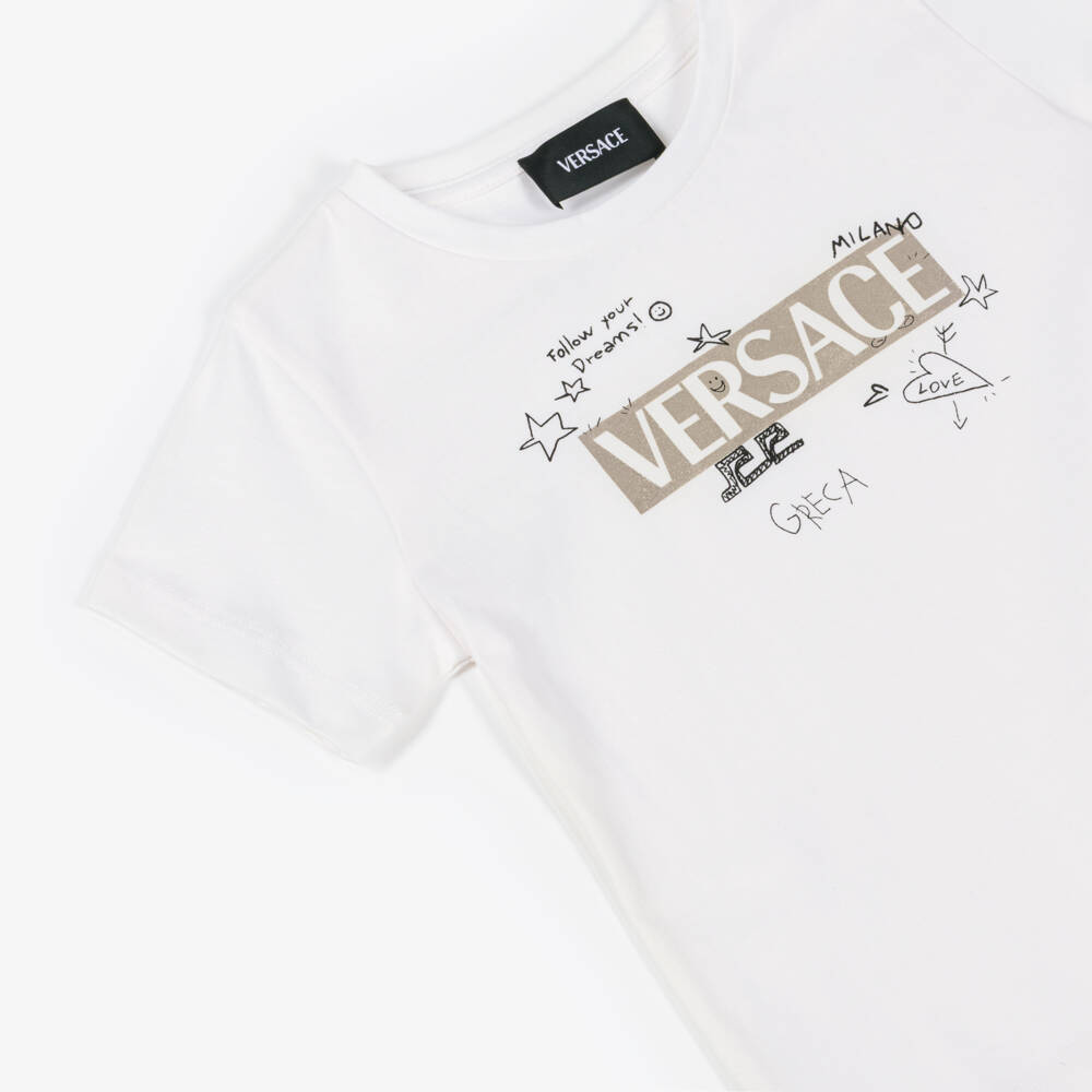 Versace-Boys White & Gold Foil Logo T-Shirt with Doodle Print | Childrensalon
