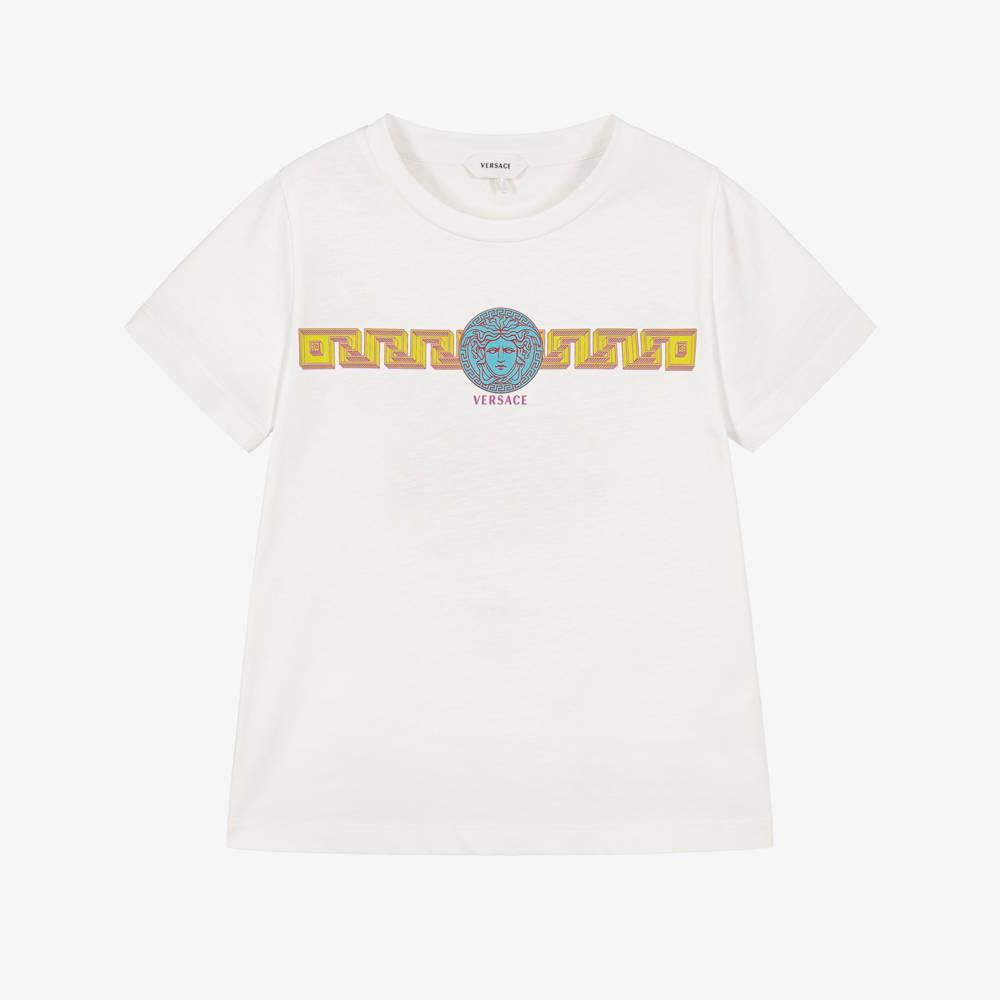 Versace-Boys White T-Shirt with Medusa & Greca Graphic | Childrensalon