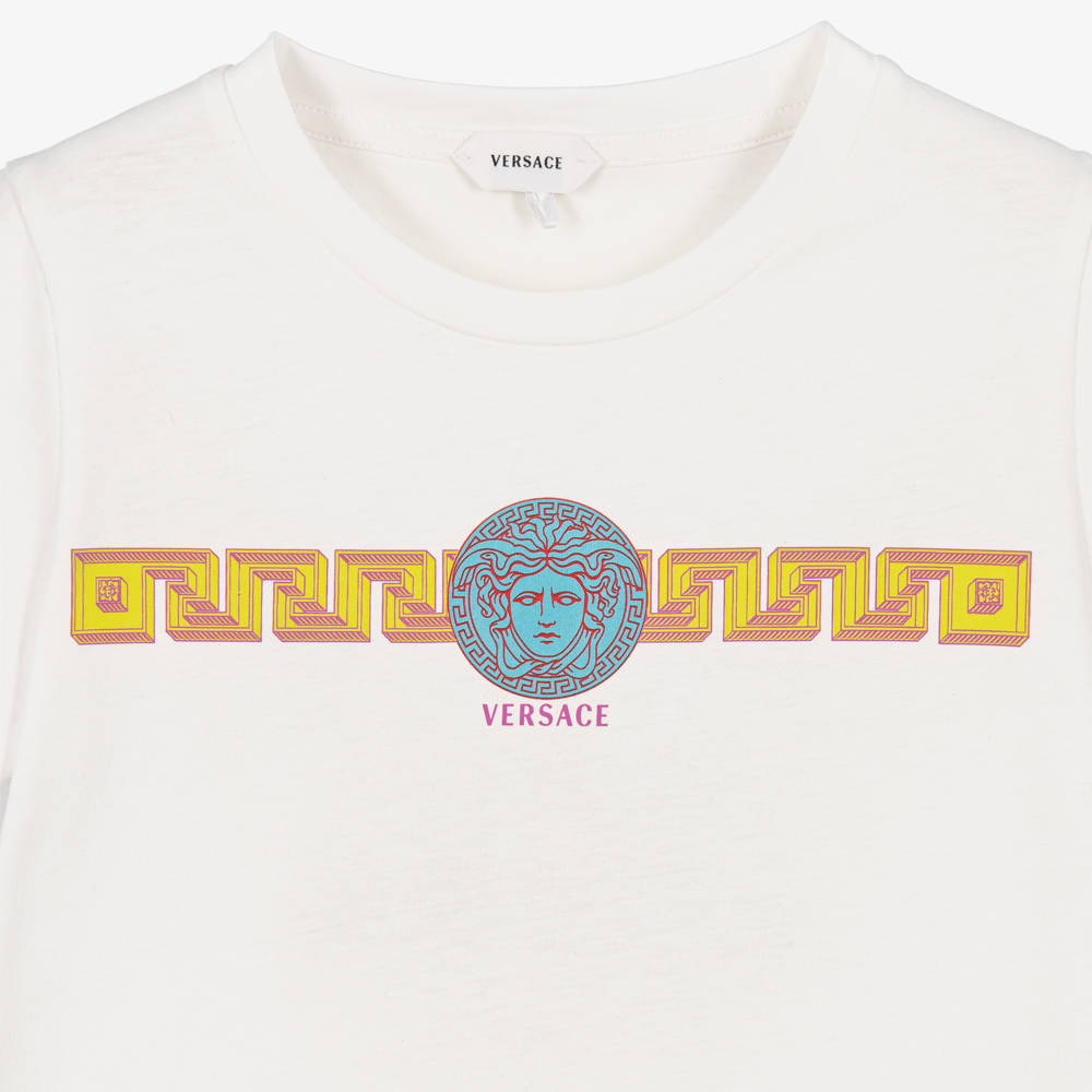 Versace-Boys White T-Shirt with Medusa & Greca Graphic | Childrensalon