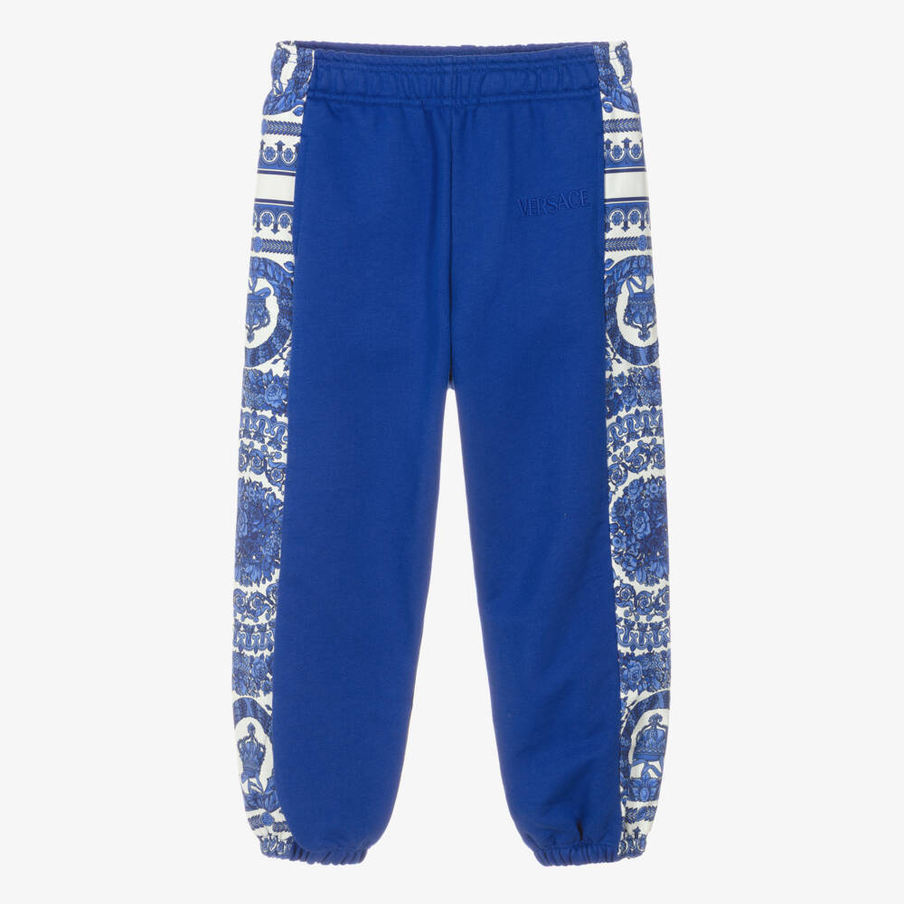 Versace-Cobalt Blue Cotton Barocco Foulard Trimmed Joggers | Childrensalon
