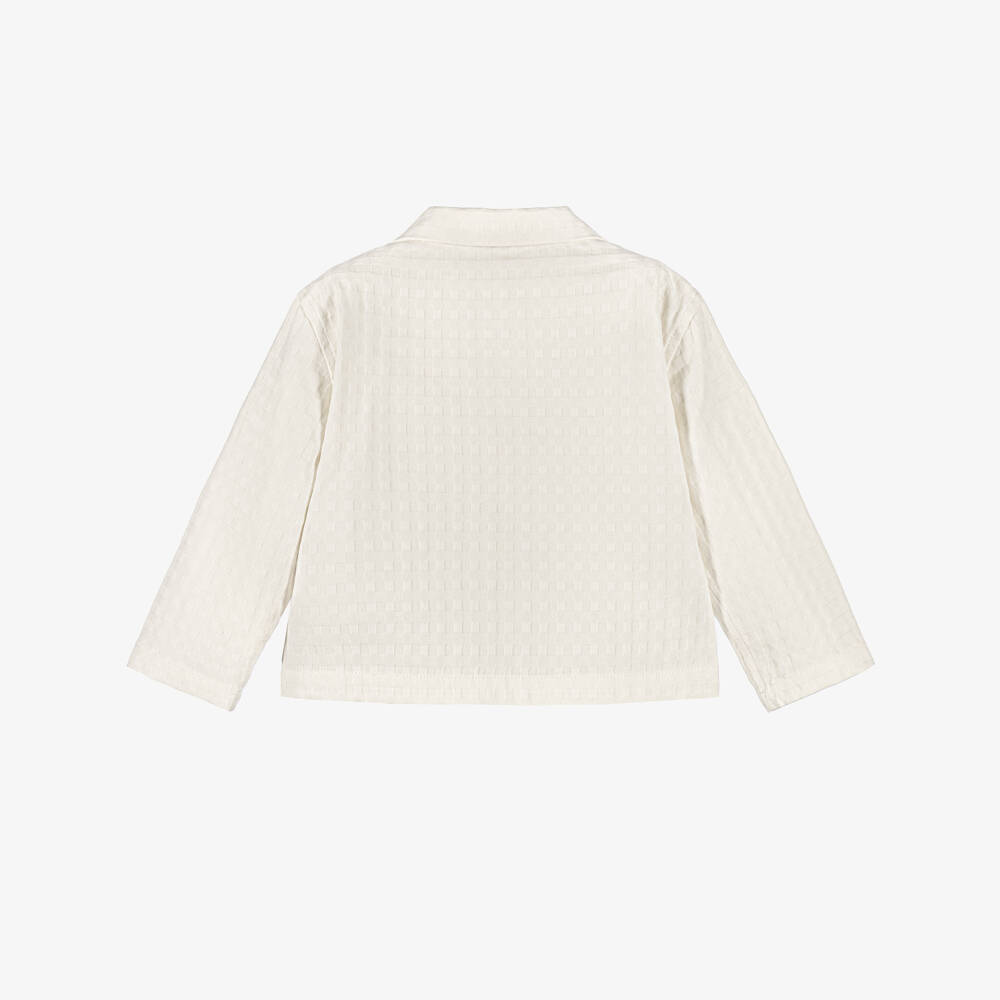 Versace-Cream Cotton Check Jacquard Baby Shirt with Greca Embroidery | Childrensalon
