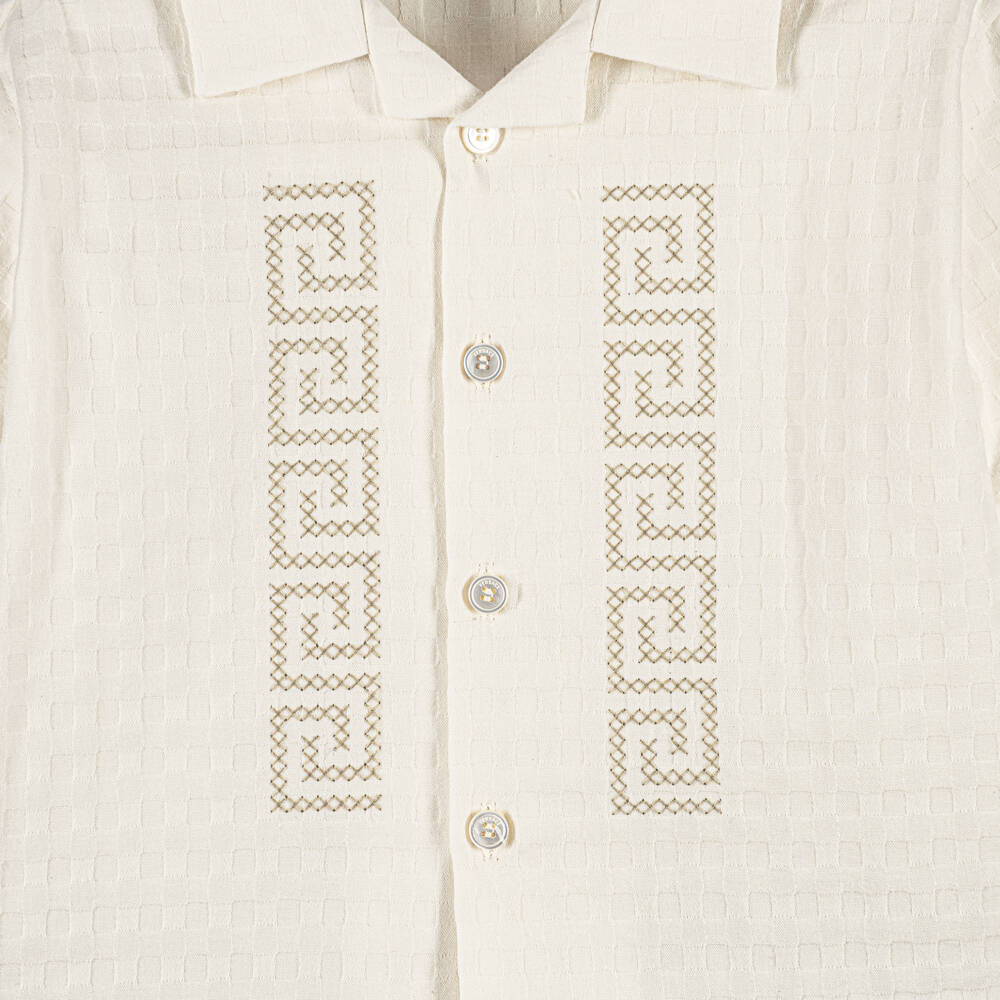 Versace-Cream Cotton Check Jacquard Baby Shirt with Greca Embroidery | Childrensalon
