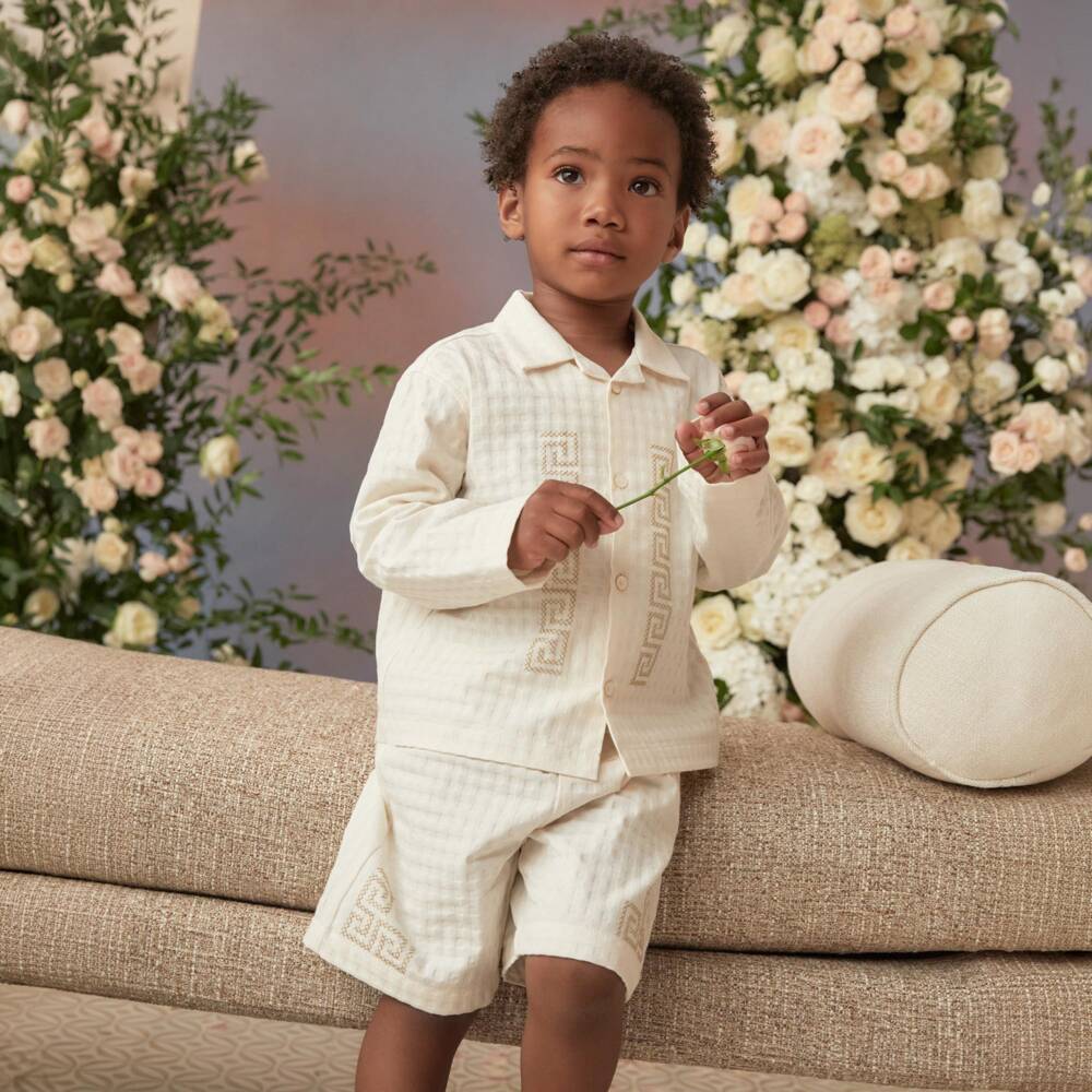 Versace-Cream Cotton Check Jacquard Baby Shirt with Greca Embroidery | Childrensalon