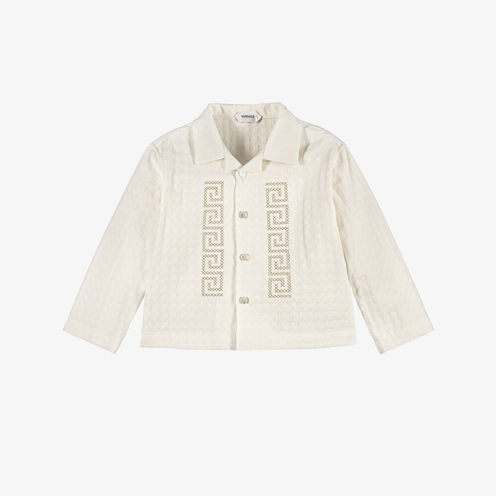 Versace-Cream Cotton Check Jacquard Baby Shirt with Greca Embroidery | Childrensalon