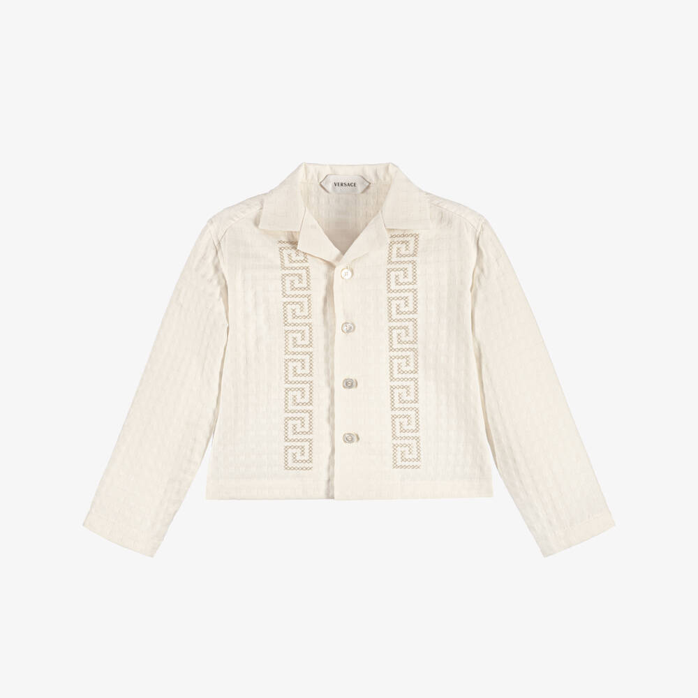 Versace-Cream Textured Cotton Shirt with Greca Embroidery | Childrensalon