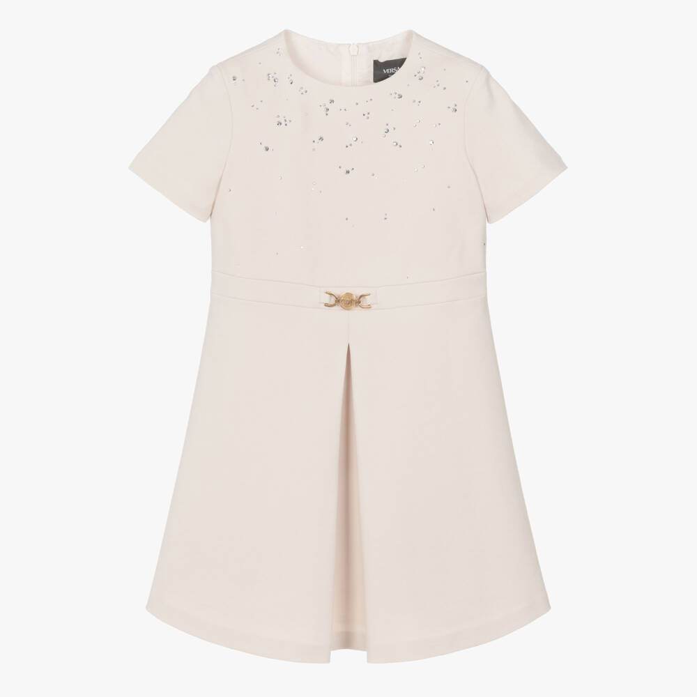 Versace-Girls Beige Milano Jersey Dress with Gold Medusa '95 Hardware | Childrensalon