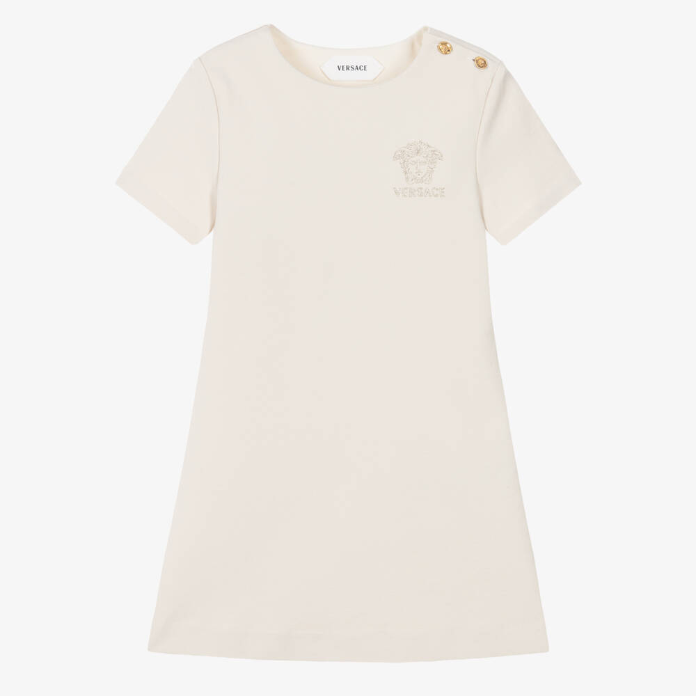Versace-Girls Beige Milano Jersey Dress with Lurex Medusa | Childrensalon