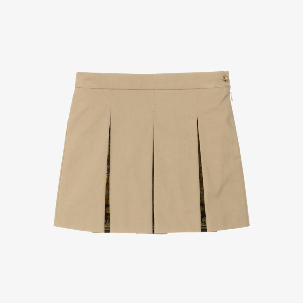 Versace-Girls Beige Pleated Skirt with Barocco Foulard Inserts | Childrensalon