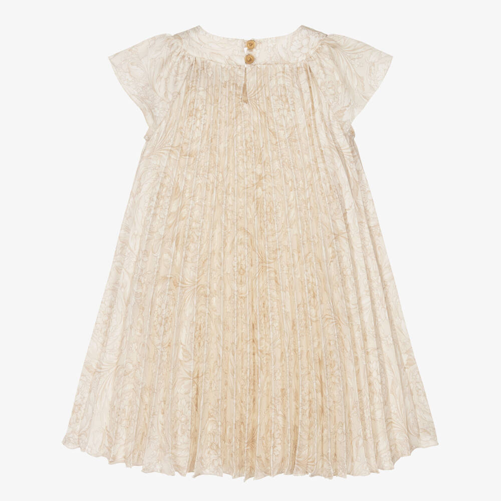 Versace-Girls Beige Whisper Barocco Pleated  Dress | Childrensalon