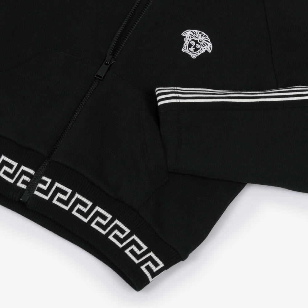 Versace-Girls Black Cotton Zip-Up Top with Greca Waistband | Childrensalon