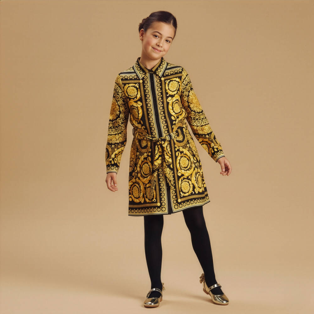 Versace-Girls Black & Gold Silk Barocco Dress | Childrensalon