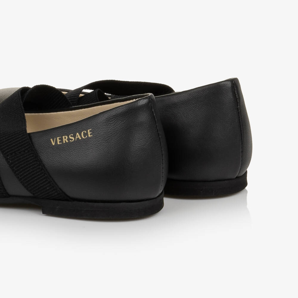 Versace-Girls Black Leather Ballerina Flats With Criss Cross Straps | Childrensalon