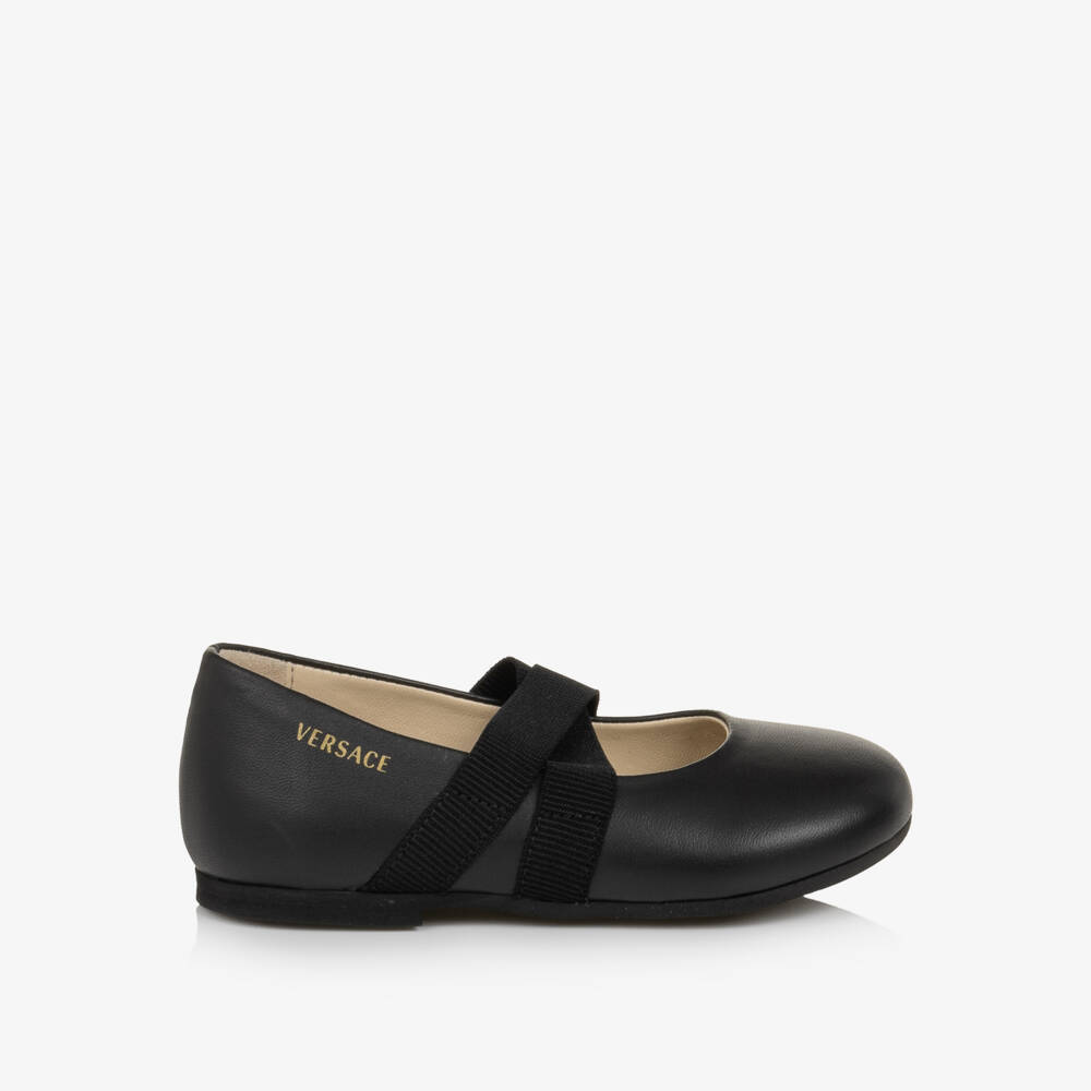 Versace-Girls Black Leather Ballerina Flats With Criss Cross Straps | Childrensalon