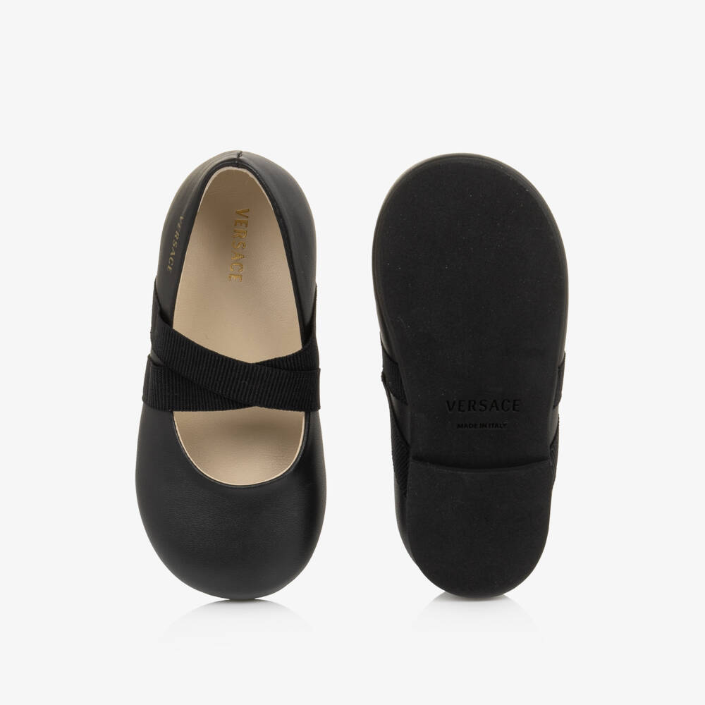 Versace-Girls Black Leather Ballerina Flats With Criss Cross Straps | Childrensalon