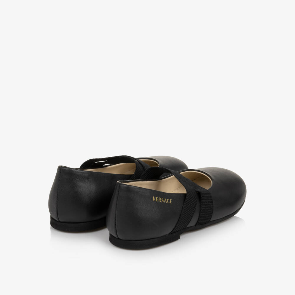 Versace-Girls Black Leather Ballerina Flats With Criss Cross Straps | Childrensalon