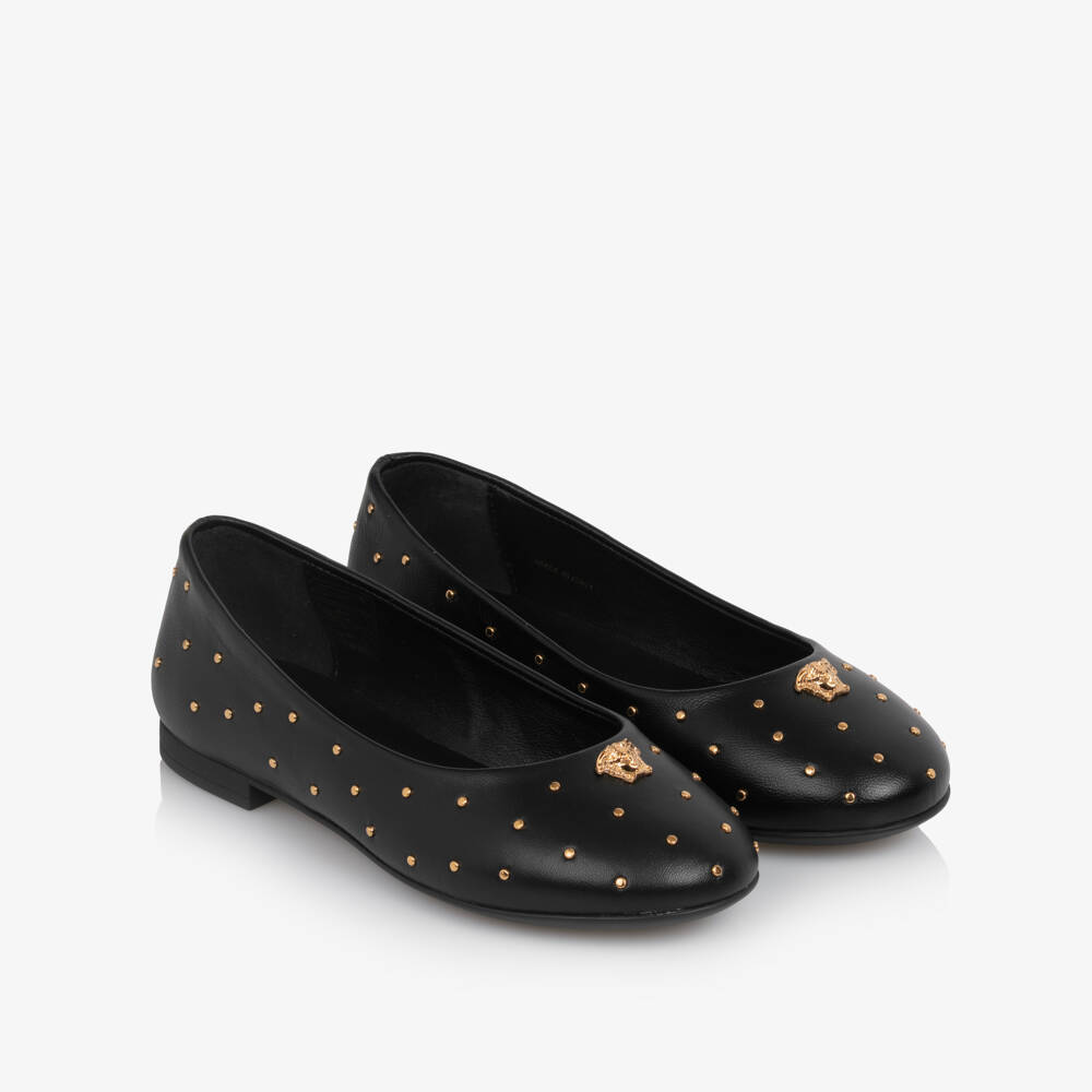 Versace-Girls Black Leather Ballerina Pumps with Gold Medusa & Studs | Childrensalon