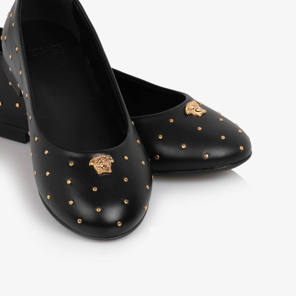 Versace-Girls Black Leather Ballerina Pumps with Gold Medusa & Studs | Childrensalon
