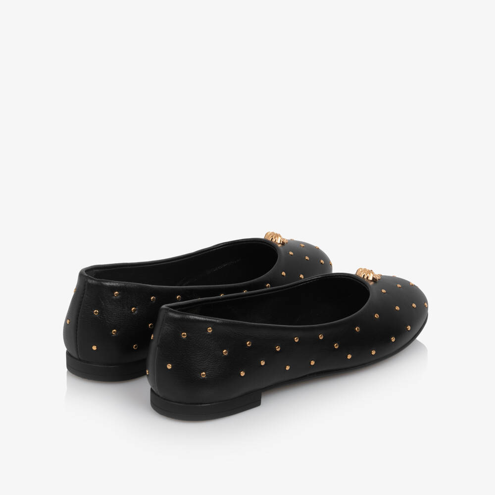 Versace-Girls Black Leather Ballerina Pumps with Gold Medusa & Studs | Childrensalon