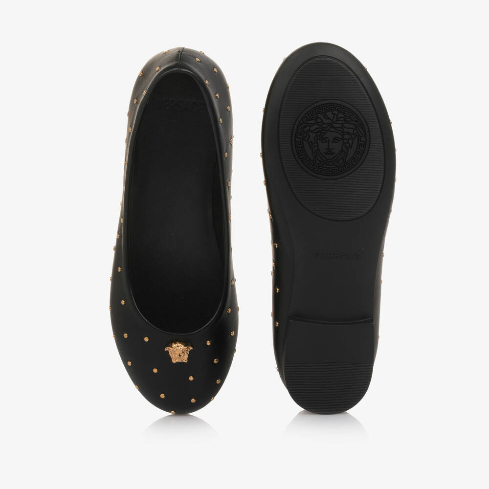 Versace-Girls Black Leather Ballerina Pumps with Gold Medusa & Studs | Childrensalon