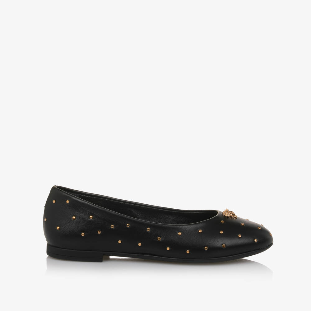 Versace-Girls Black Leather Ballerina Pumps with Gold Medusa & Studs | Childrensalon