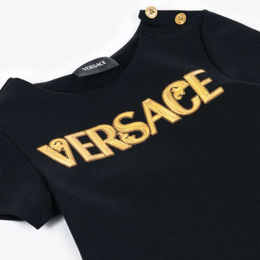 Versace-Girls Black Milano Jersey Dress with Studded Gold Logo | Childrensalon