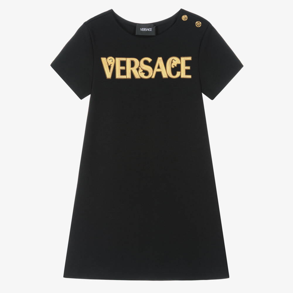 Versace-Girls Black Milano Jersey Dress with Studded Gold Logo | Childrensalon