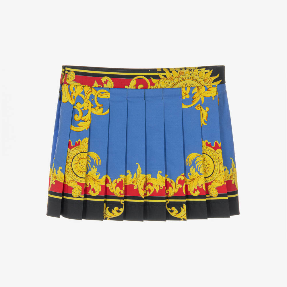 Versace-Girls Blue & Gold Sun Print Pleated Poplin Skirt | Childrensalon