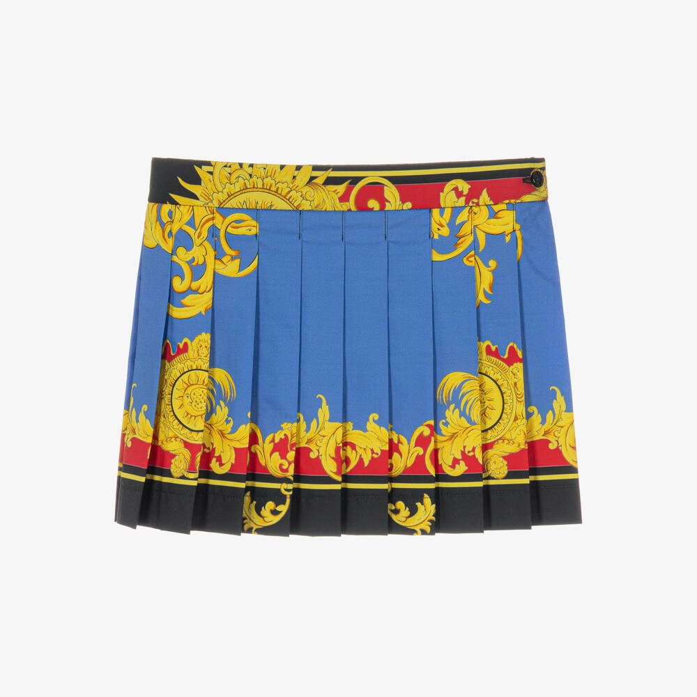 Versace-Girls Blue & Gold Sun Print Pleated Poplin Skirt  | Childrensalon