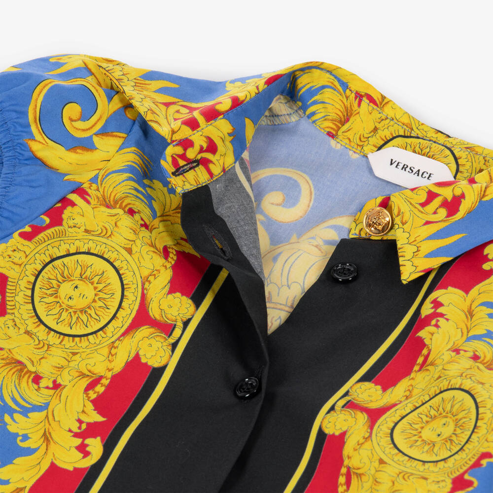 Versace-Girls Blue & Gold Sun Print Poplin Dress | Childrensalon