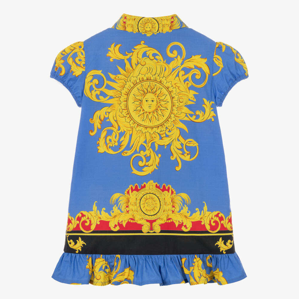 Versace-Girls Blue & Gold Sun Print Poplin Dress | Childrensalon