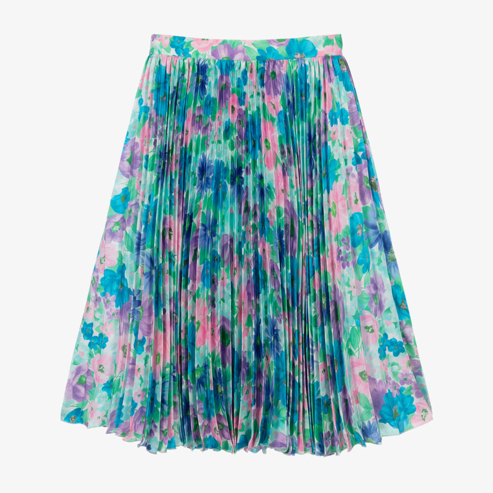 Versace-Girls Blue Printed Twill Pleated Skirt with Meadow Print | Childrensalon