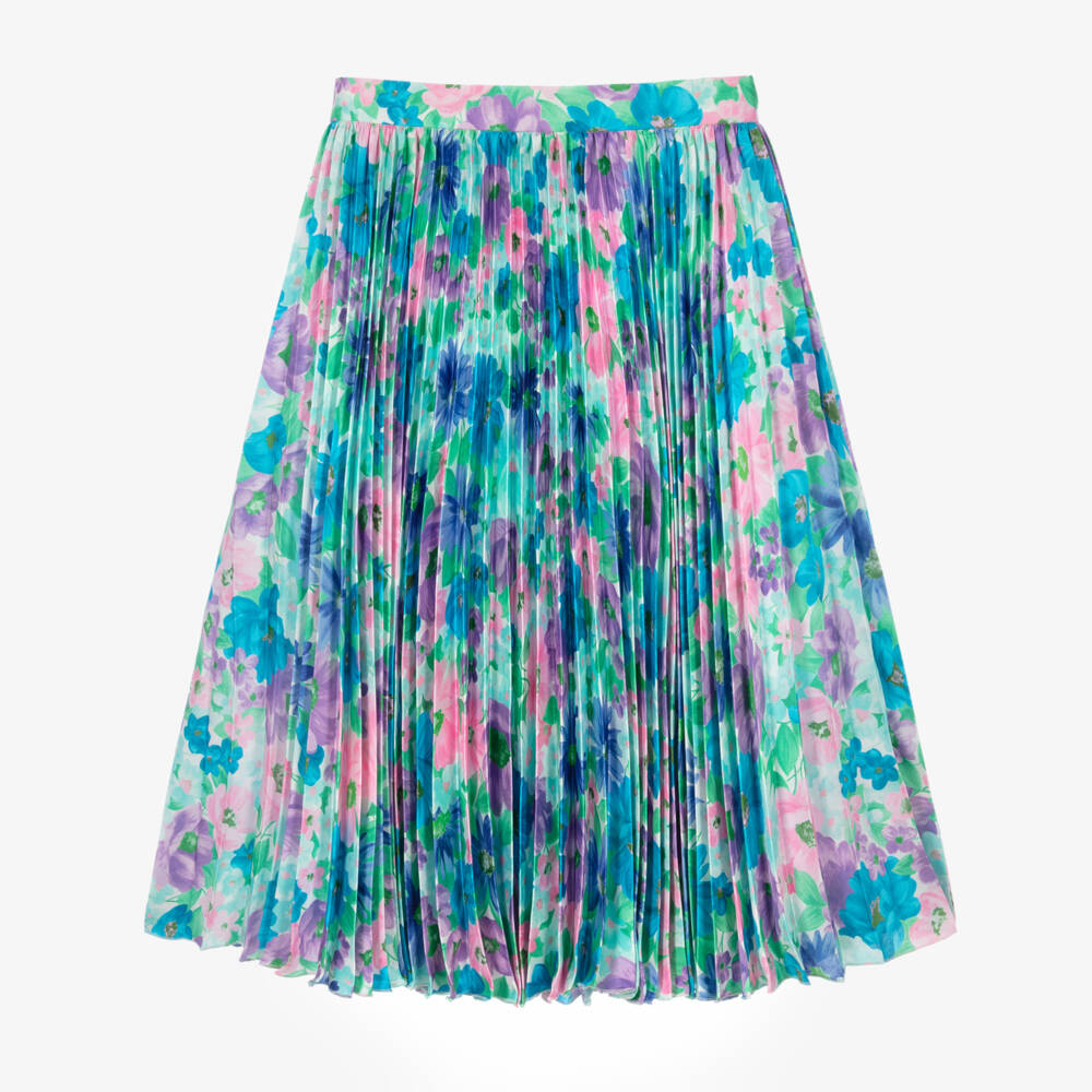 Versace-Girls Blue Printed Twill Pleated Skirt with Meadow Print | Childrensalon