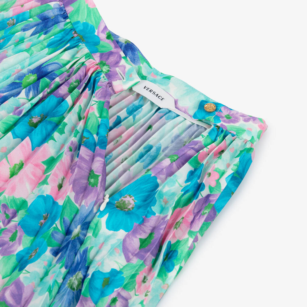 Versace-Girls Blue Printed Twill Pleated Skirt with Meadow Print | Childrensalon