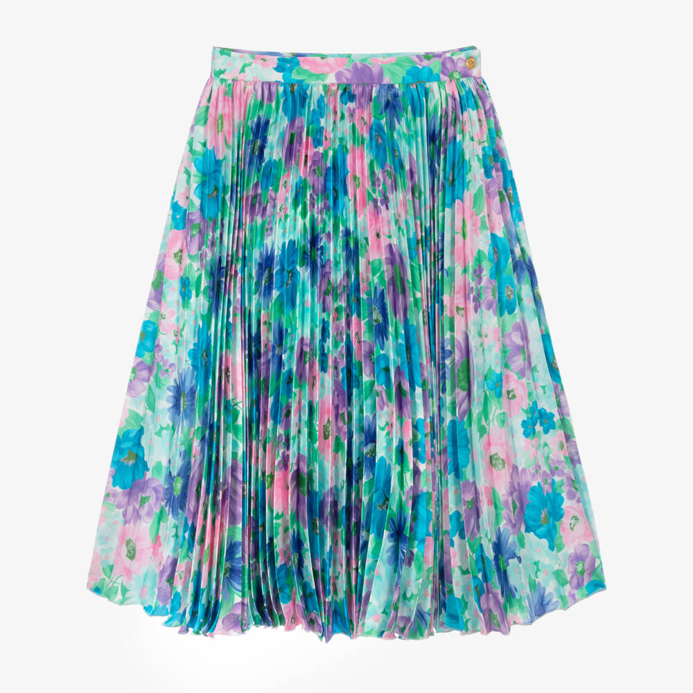 Versace-Girls Blue Printed Twill Pleated Skirt with Meadow Print | Childrensalon