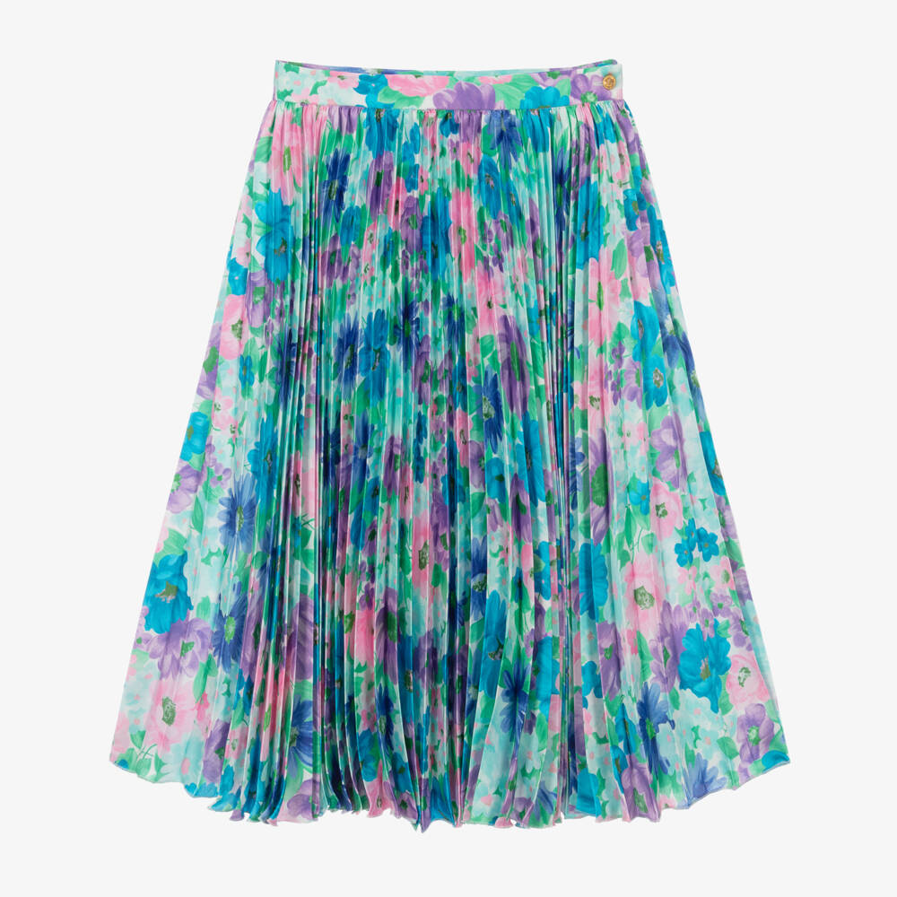 Versace-Girls Blue Printed Twill Pleated Skirt with Meadow Print | Childrensalon
