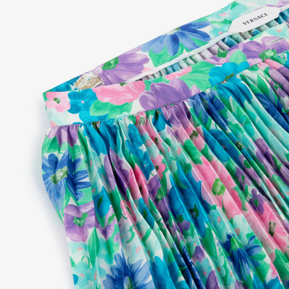 Versace-Girls Blue Printed Twill Pleated Skirt with Meadow Print | Childrensalon