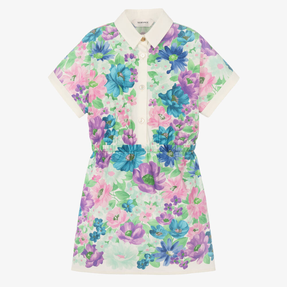 Versace-Girls Blue & Purple Cotton Dress with Meadow Print | Childrensalon