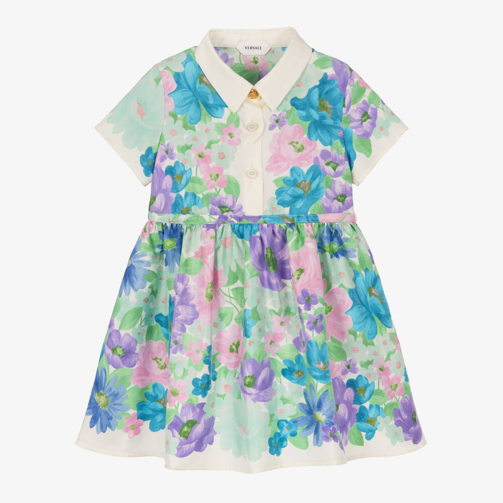 Versace-Girls Blue & Purple Meadow Print Silk Twill Dress | Childrensalon