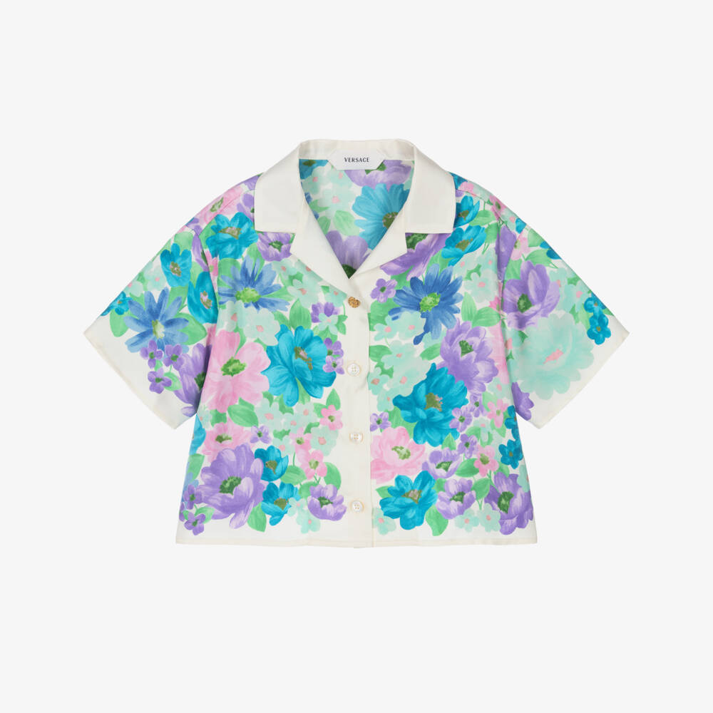 Versace-Girls Blue & Purple Silk Twill Shirt with Meadow Print | Childrensalon