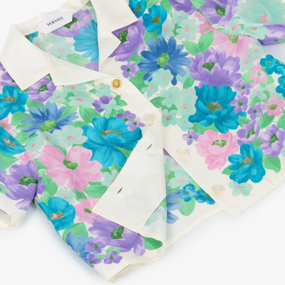 Versace-Girls Blue & Purple Silk Twill Shirt with Meadow Print | Childrensalon