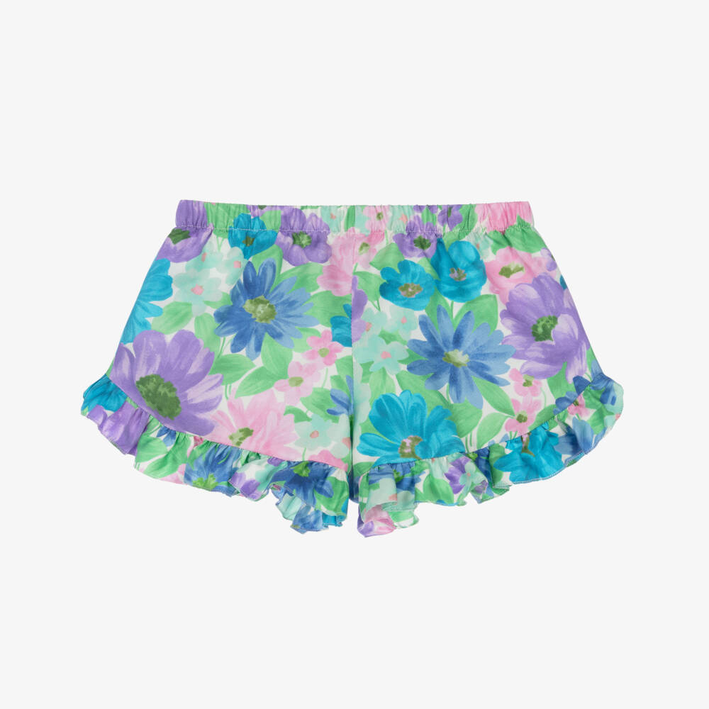 Versace-Girls Blue & Purple Silk Twill Shorts with Meadow Print | Childrensalon