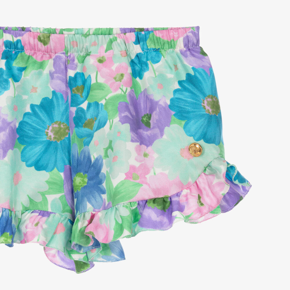 Versace-Girls Blue & Purple Silk Twill Shorts with Meadow Print | Childrensalon