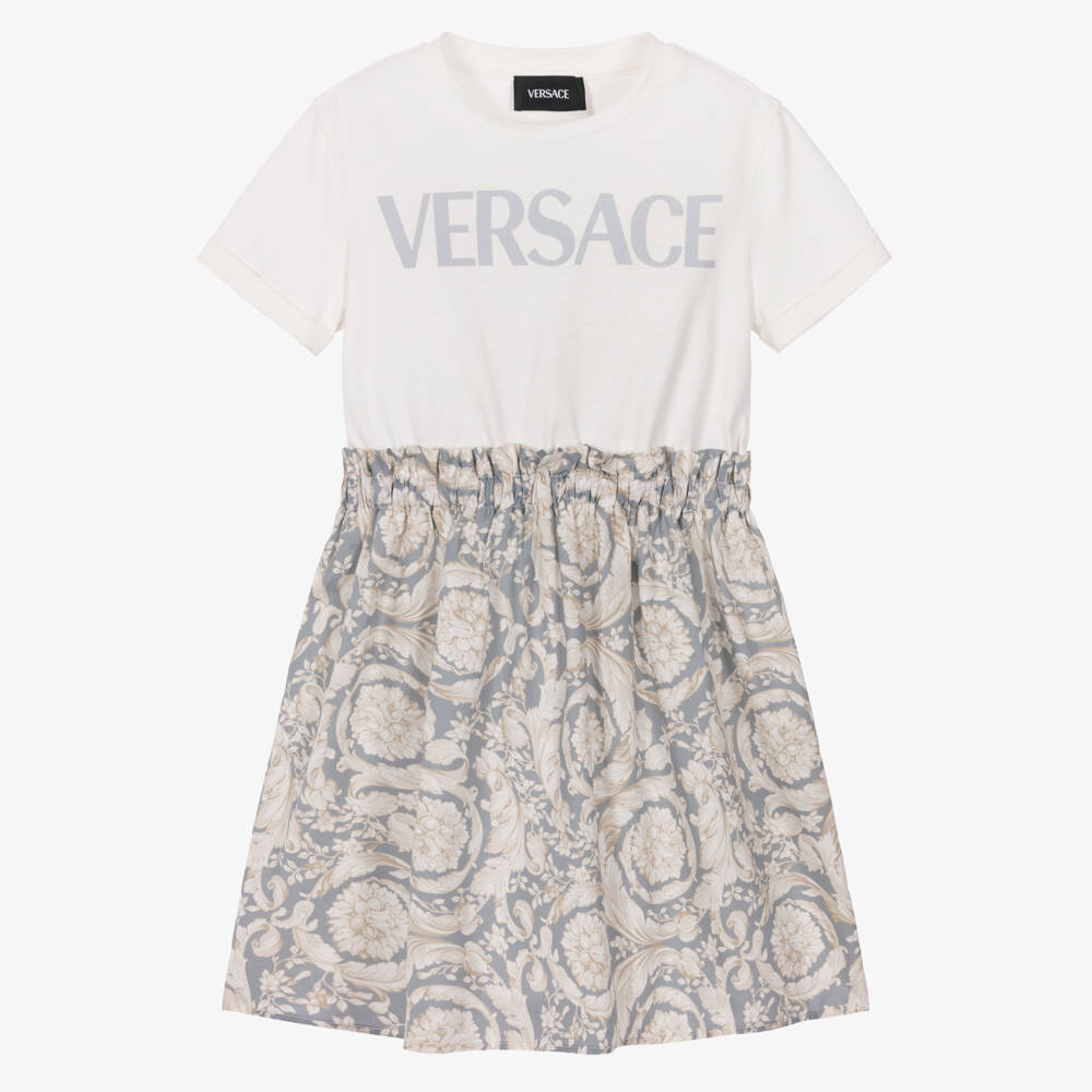 Versace-Girls Cotton Dress with Grey & Beige Barocco Print | Childrensalon