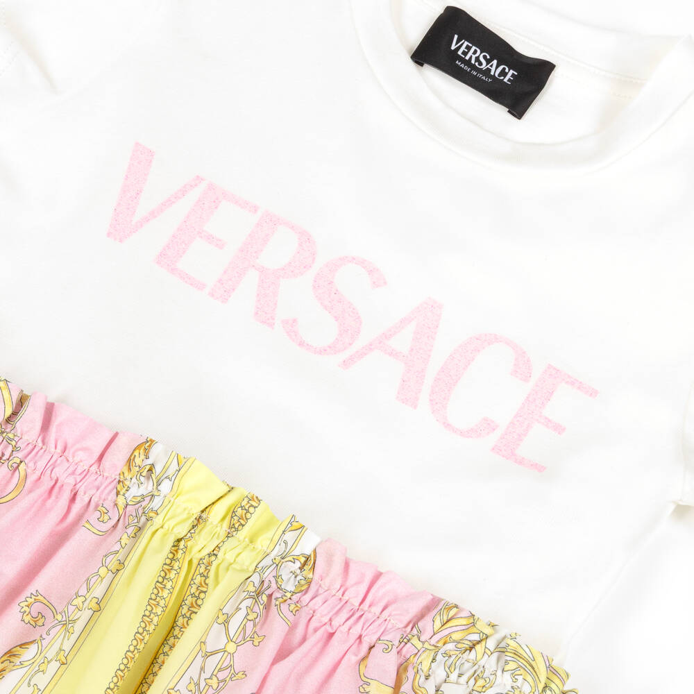 Versace-Платье из хлопка с розовым и золотым узором Barocco для девочек | Childrensalon