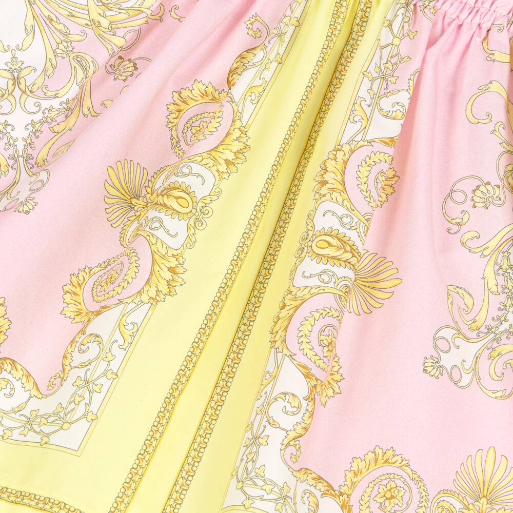 Versace-Платье из хлопка с розовым и золотым узором Barocco для девочек | Childrensalon