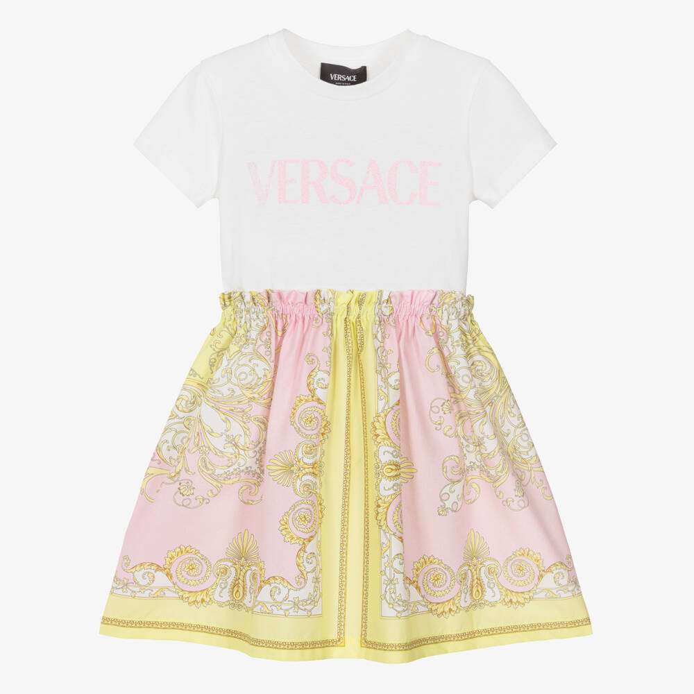 Versace-Girls Cotton Dress with Pink & Gold Barocco Print | Childrensalon