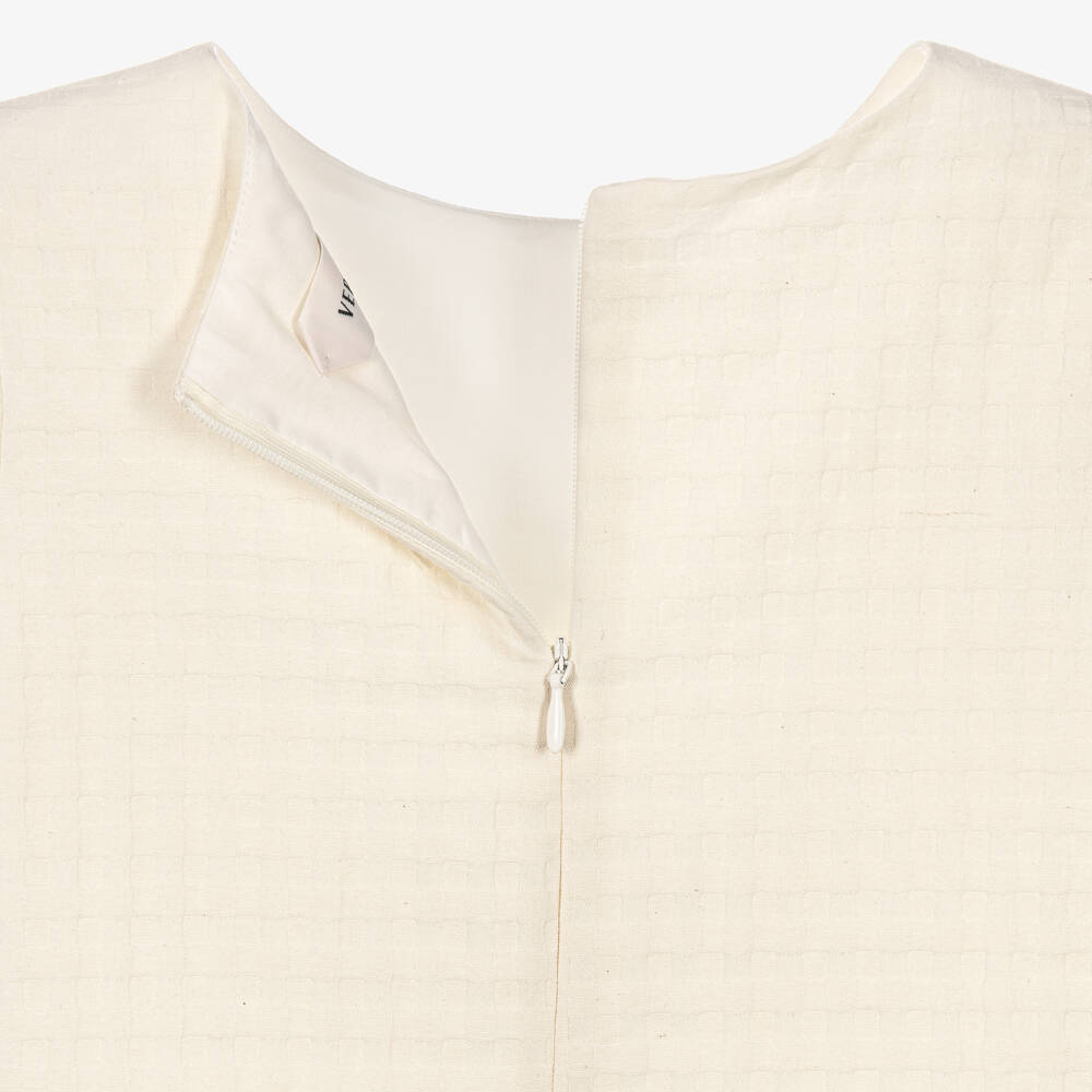 Versace-Girls Cream Textured Cotton Dress with Greca Embroidery | Childrensalon