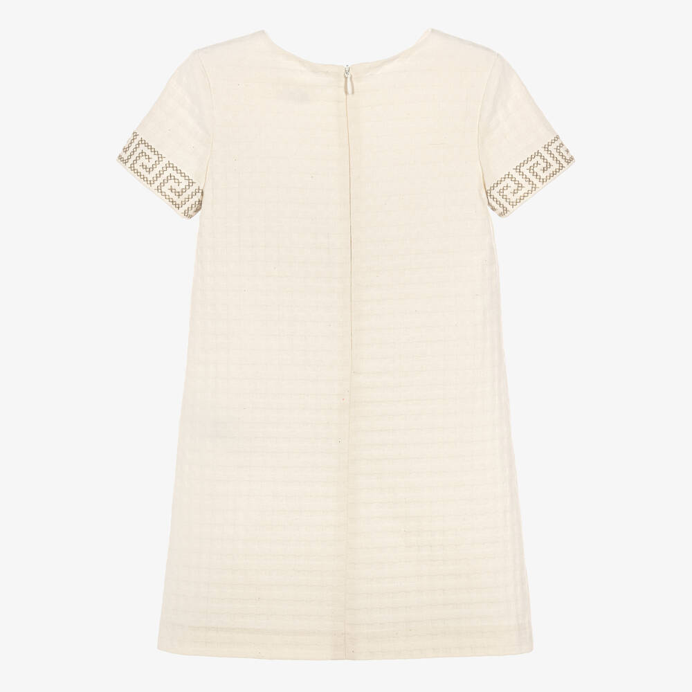 Versace-Girls Cream Textured Cotton Dress with Greca Embroidery | Childrensalon